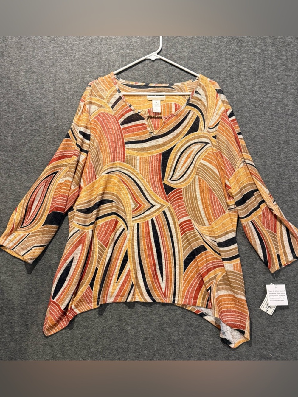 Alfred Dunner Top Womens 2X orange colorful light soft abstract geo 3/4 sleeve